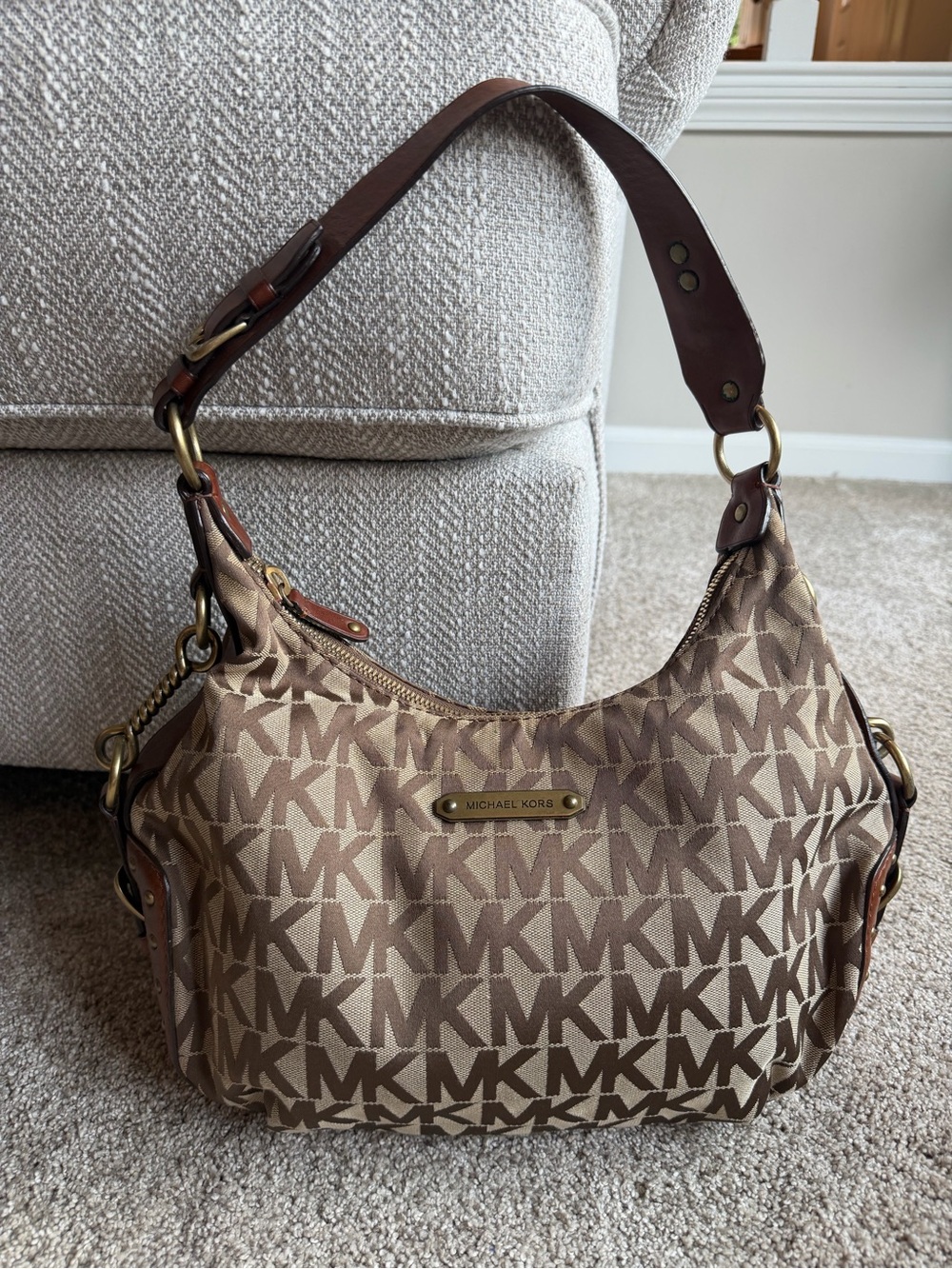 Vintage Michael Kors MK Monogram Jacquard Studded Hobo Shoulder Bag